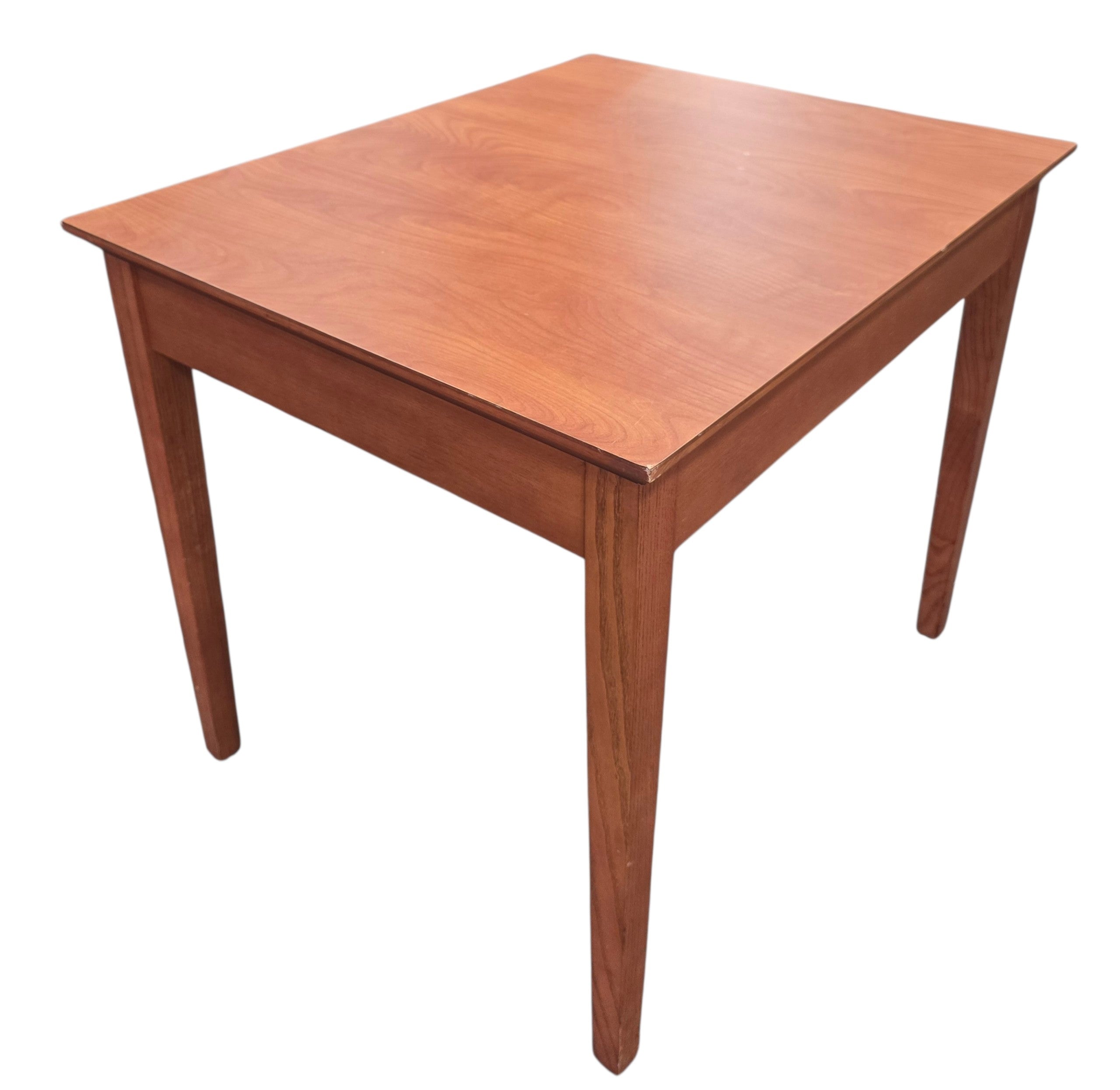 Used square wood end table with clean contemporary design and cherry finish, angled view, at Southern Hospitality Liquidation.