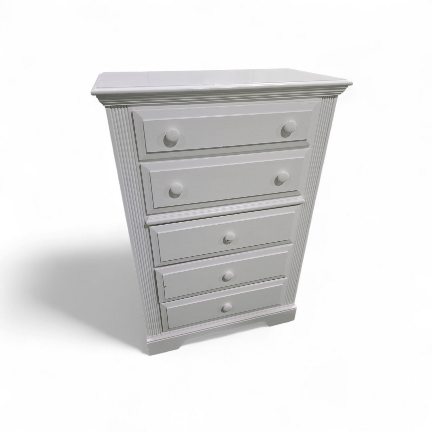 Used white chest of drawers, 5 drawers, coastal farmhouse style, from Southern Hospitality Liquidation, $195.