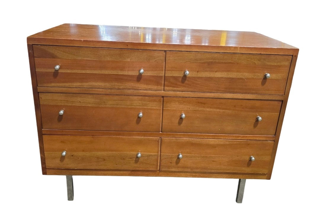 Front view of wooden 3-drawer dresser, classic storage chest, used and in good condition, SHL