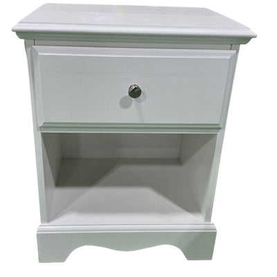 Wooden hotel nightstand with drawer available at Southern Hospitality Liquidation in Cartersville, GA. Functional and stylish bedside table for homes, rentals, and hotels.