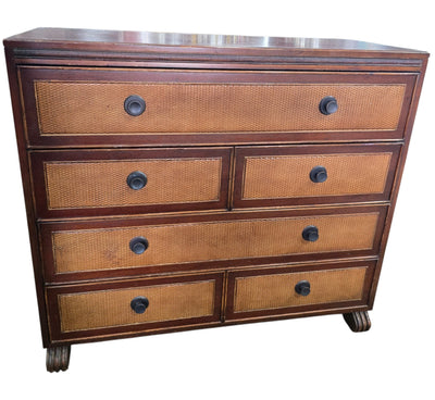 Used 6 drawer dresser with woven cane drawer fronts and rich wood finish, sourced from an upscale resort. Available at Southern Hospitality Liquidation in Cartersville, GA near Atlanta, Marietta, Kennesaw, and Rome.
