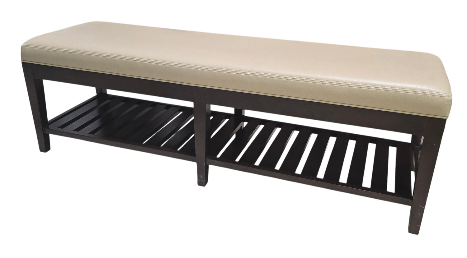 Quality used upholstered storage bench with a cream cushion and dark wood frame featuring a slatted lower shelf, sourced from an upscale resort. Available at Southern Hospitality Liquidation in Cartersville, GA.