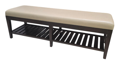 Quality used upholstered storage bench with a cream cushion and dark wood frame featuring a slatted lower shelf, sourced from an upscale resort. Available at Southern Hospitality Liquidation in Cartersville, GA.