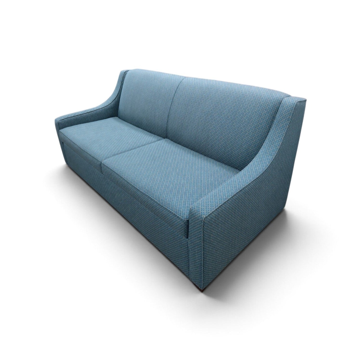 Angled view of a used teal green queen sleeper sofa with curved arms and geometric upholstery from Southern Hospitality Liquidation.