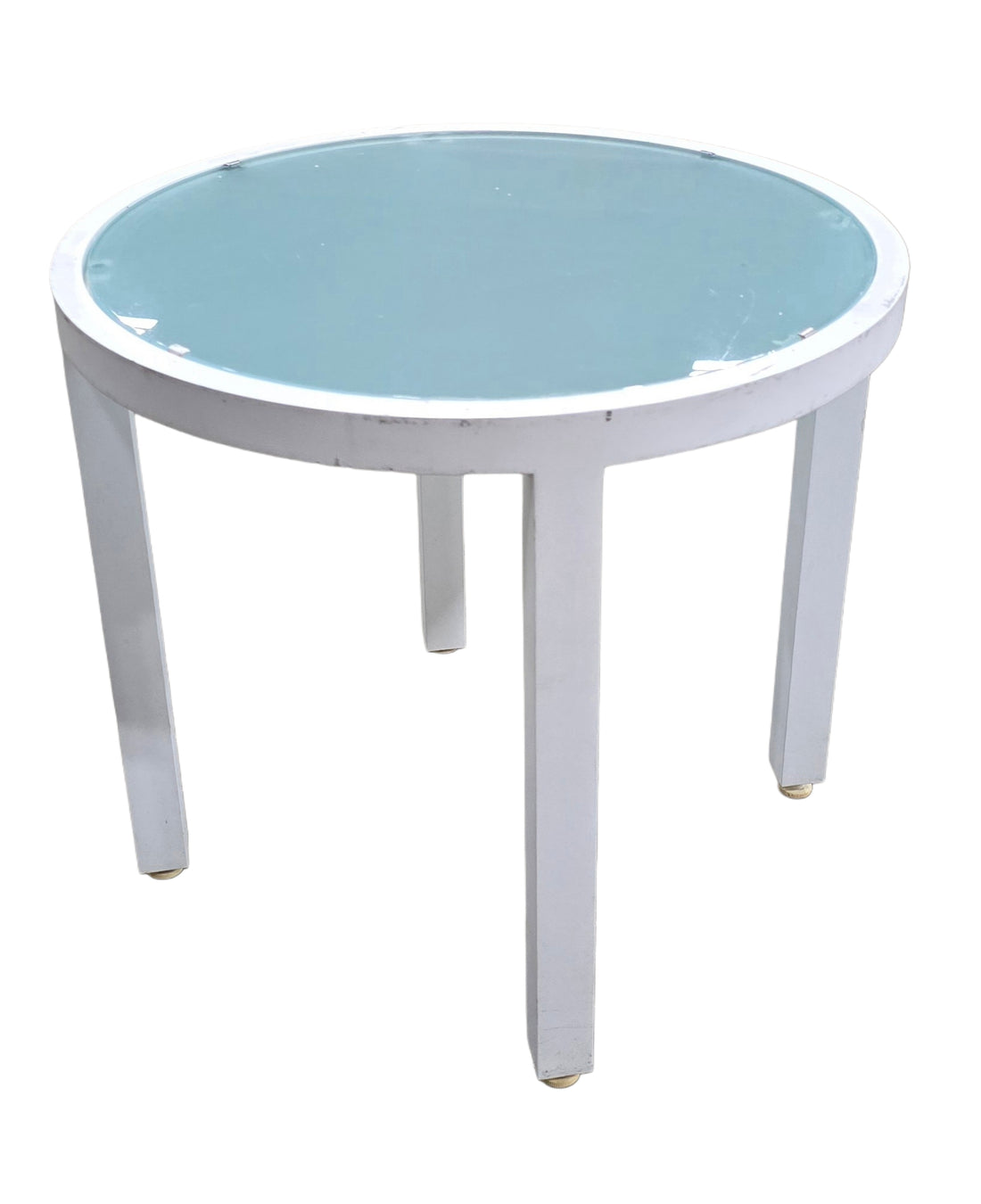 20.25 x 18.5 white glass patio table, round outdoor design, used hotel liquidation furniture SHL Cartersville GA