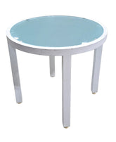 20.25 x 18.5 white glass patio table, round outdoor design, used hotel liquidation furniture SHL Cartersville GA