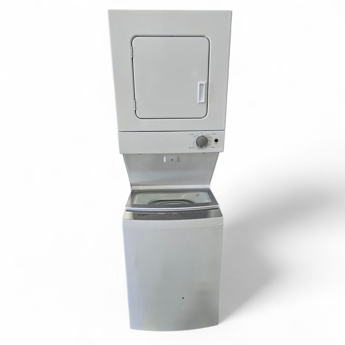 2022 Whirlpool stacked washer and dryer unit with clear lid washer, used and in great condition