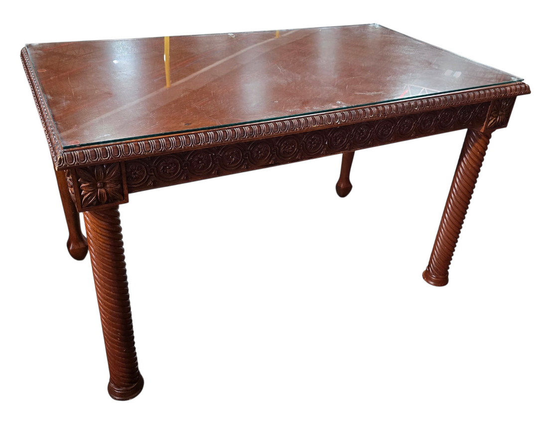 Carved Wood Desk W/ Glass Top