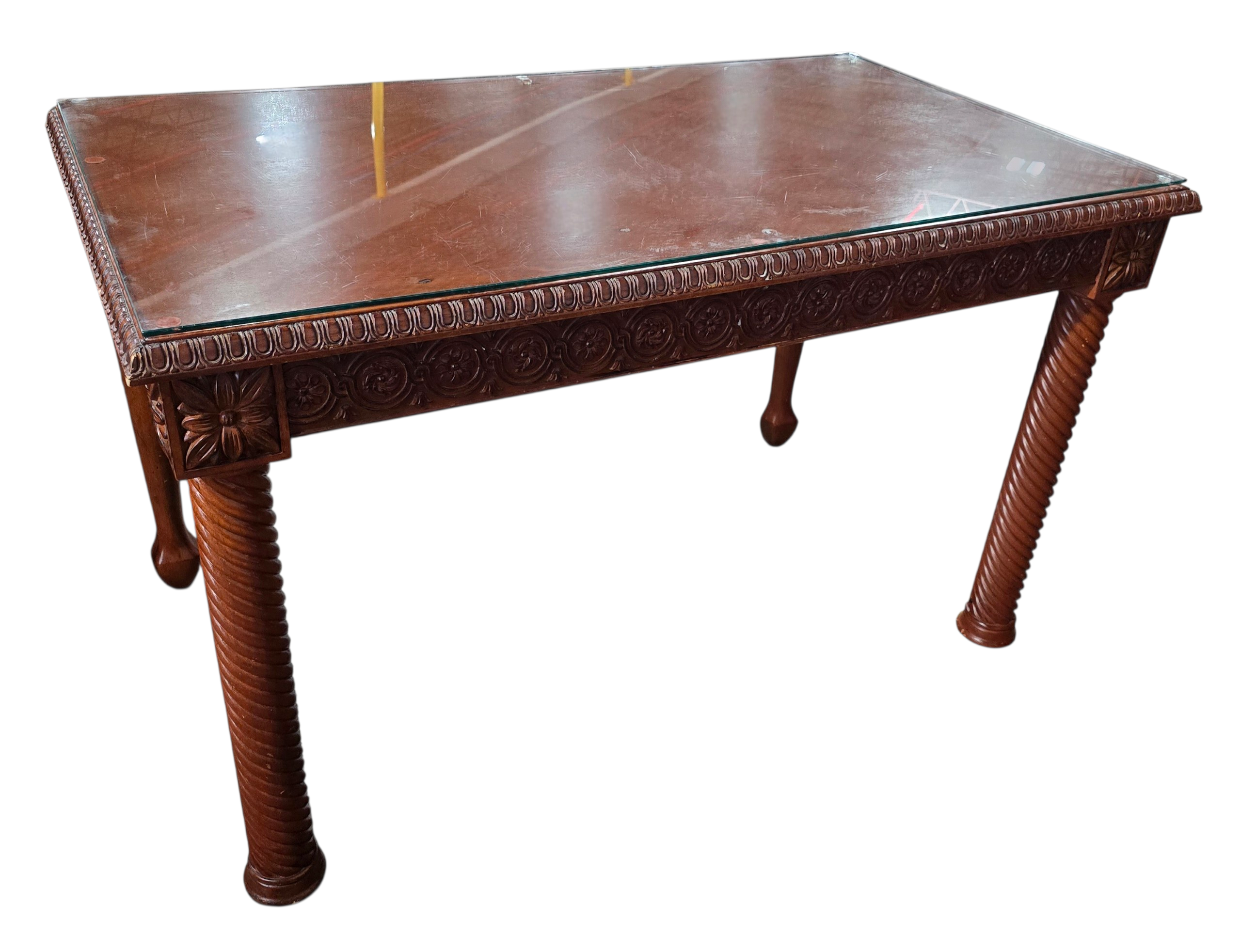 Carved Wood Desk W/ Glass Top