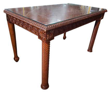 Carved Wood Desk W/ Glass Top