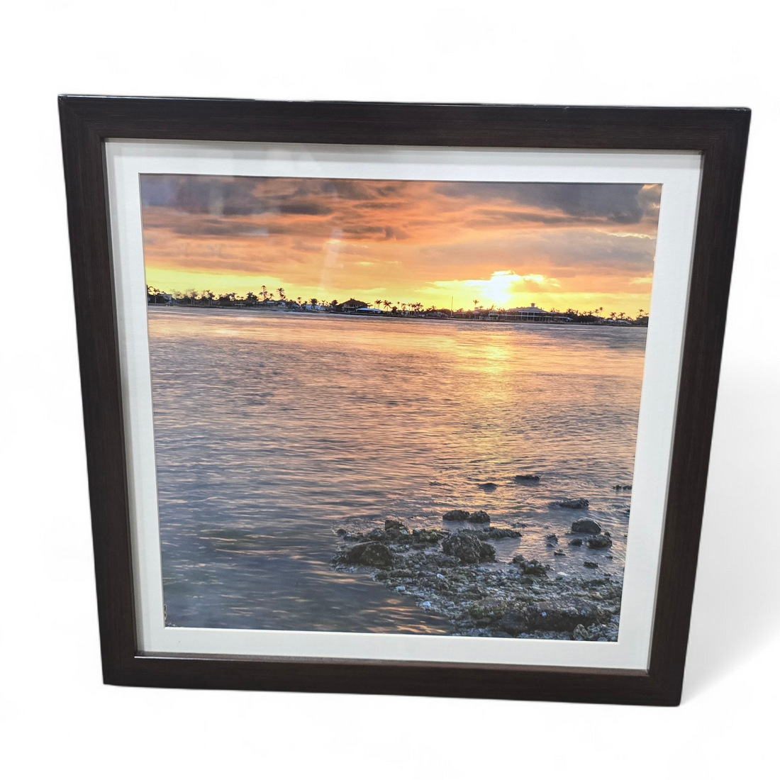 20 x 20 framed coastal sunset print, used and in good condition, resort sourced