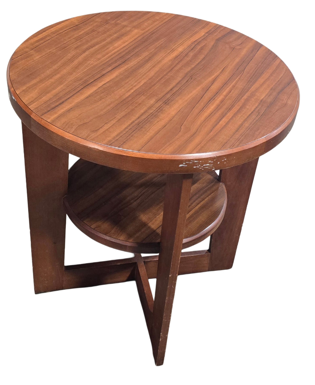 24 inch round wooden side table with storage shelf, 26 inches tall, available at Southern Hospitality Liquidation in Cartersville GA
