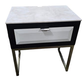 25 x 16 x 28 nightstand with white and black granite top, available at Southern Hospitality Liquidation Cartersville GA