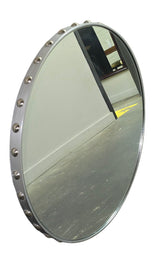 28 inch round silver mirror with modern frame, available at Southern Hospitality Liquidation in Cartersville GA