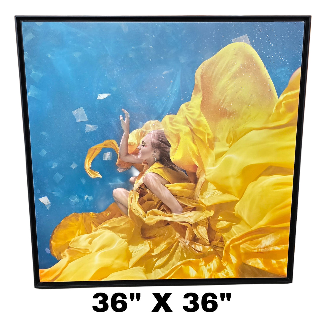 Affordable hotel art – 36x36" canvas of woman in yellow dress ocean scene, Cartersville GA