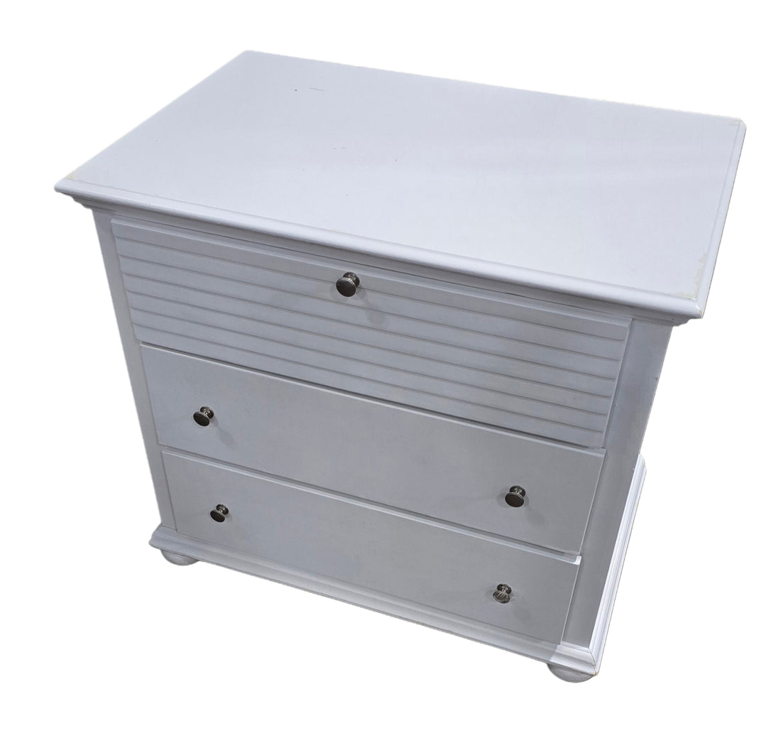 White wooden dresser with three drawers, 37 wide x 24 deep x 33 high, pre-owned hotel furniture SHL Cartersville GA
