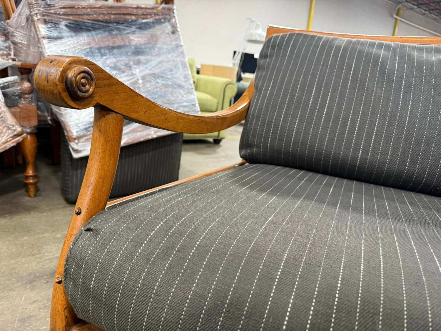 Wooden Framed Pinstriped Accent Chair with Pineapple Detail