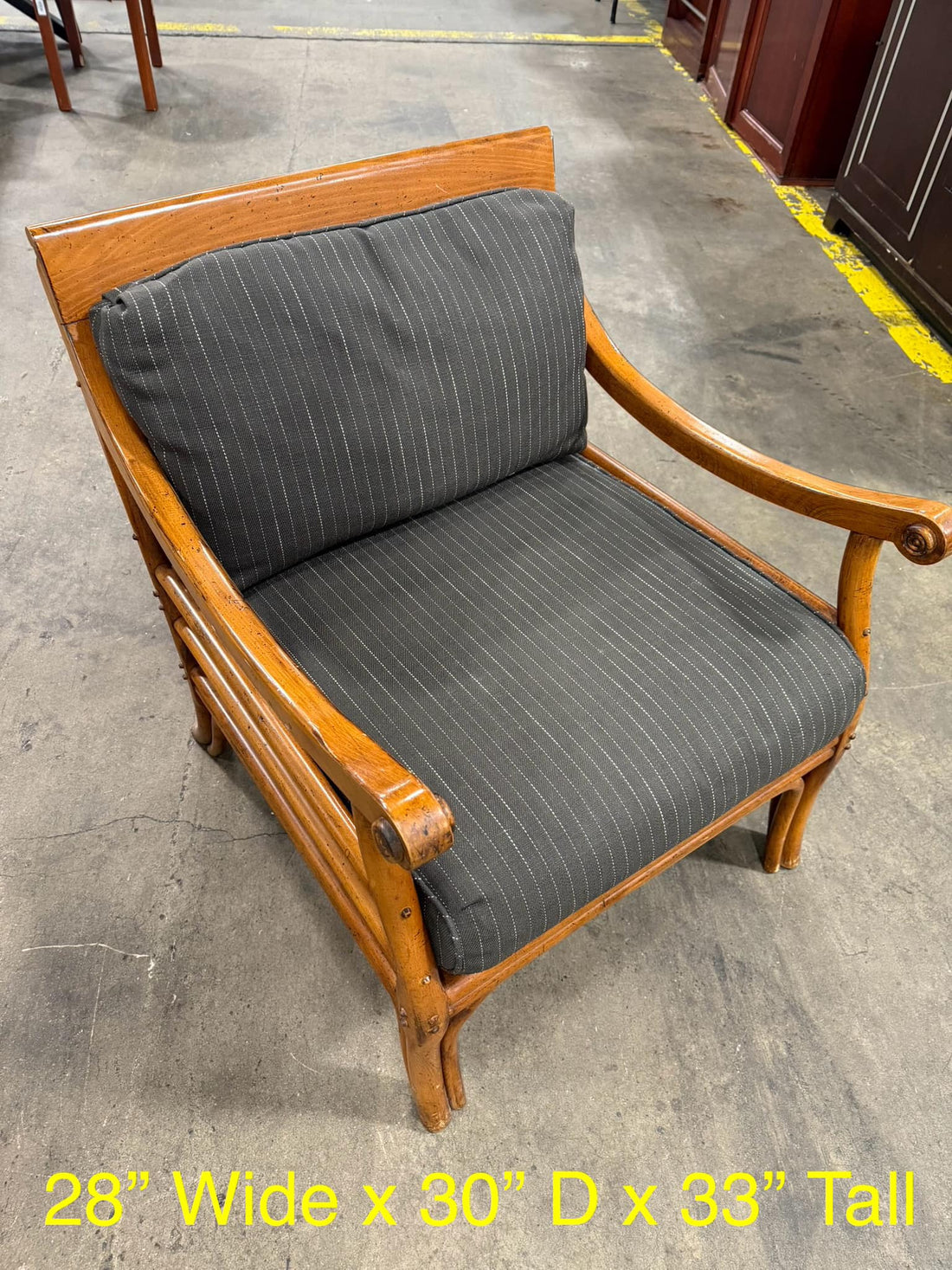 Wooden Framed Pinstriped Accent Chair with Pineapple Detail