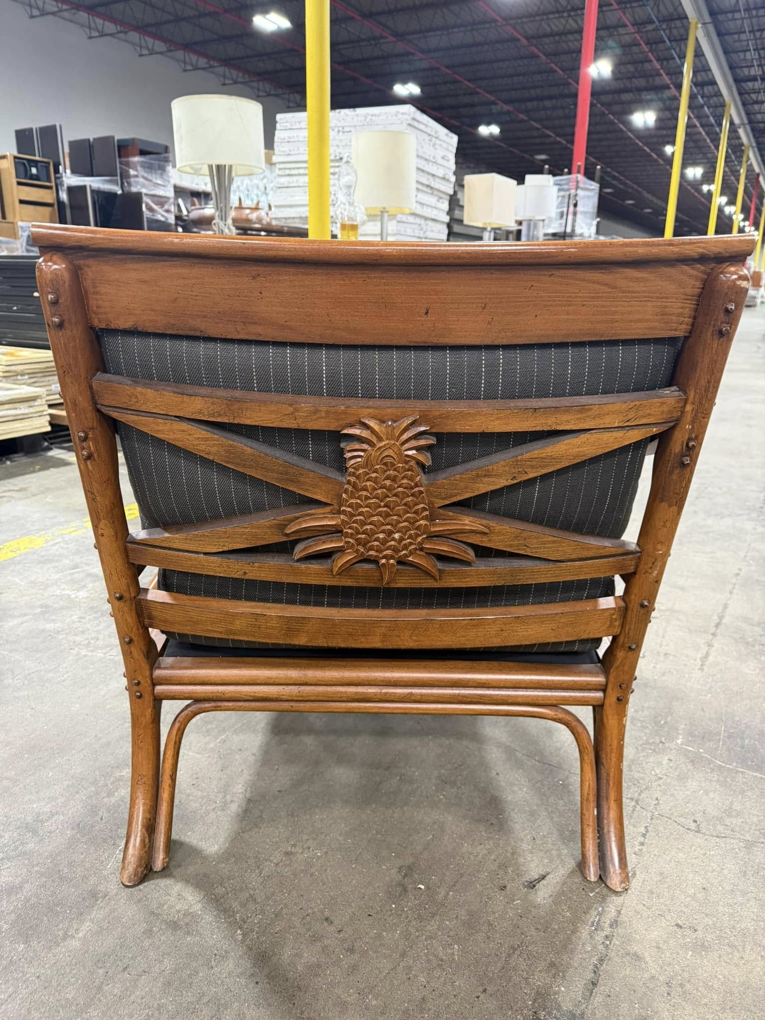 Wooden Framed Pinstriped Accent Chair with Pineapple Detail