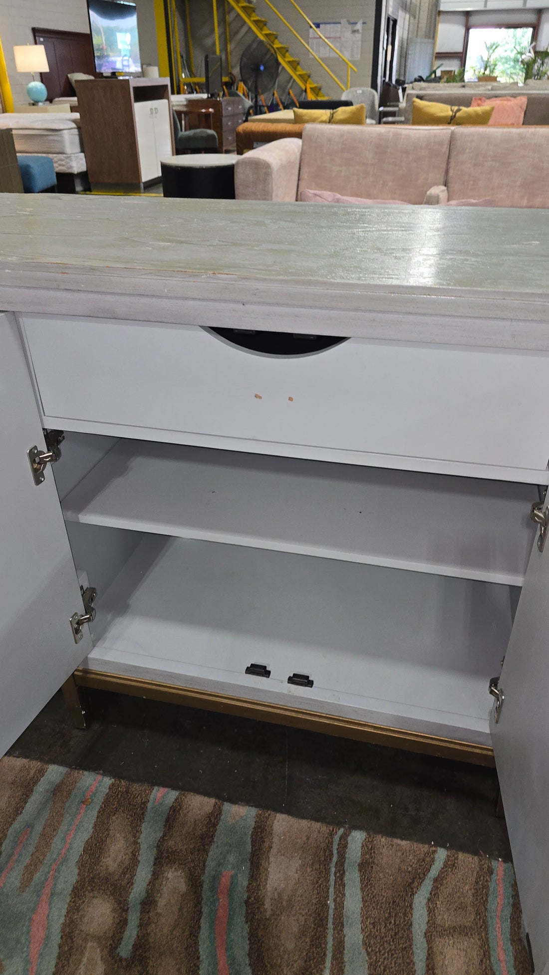 Light blue modern buffet with cabinets and gold detailing, 67 inches wide, from SHL in Cartersville GA