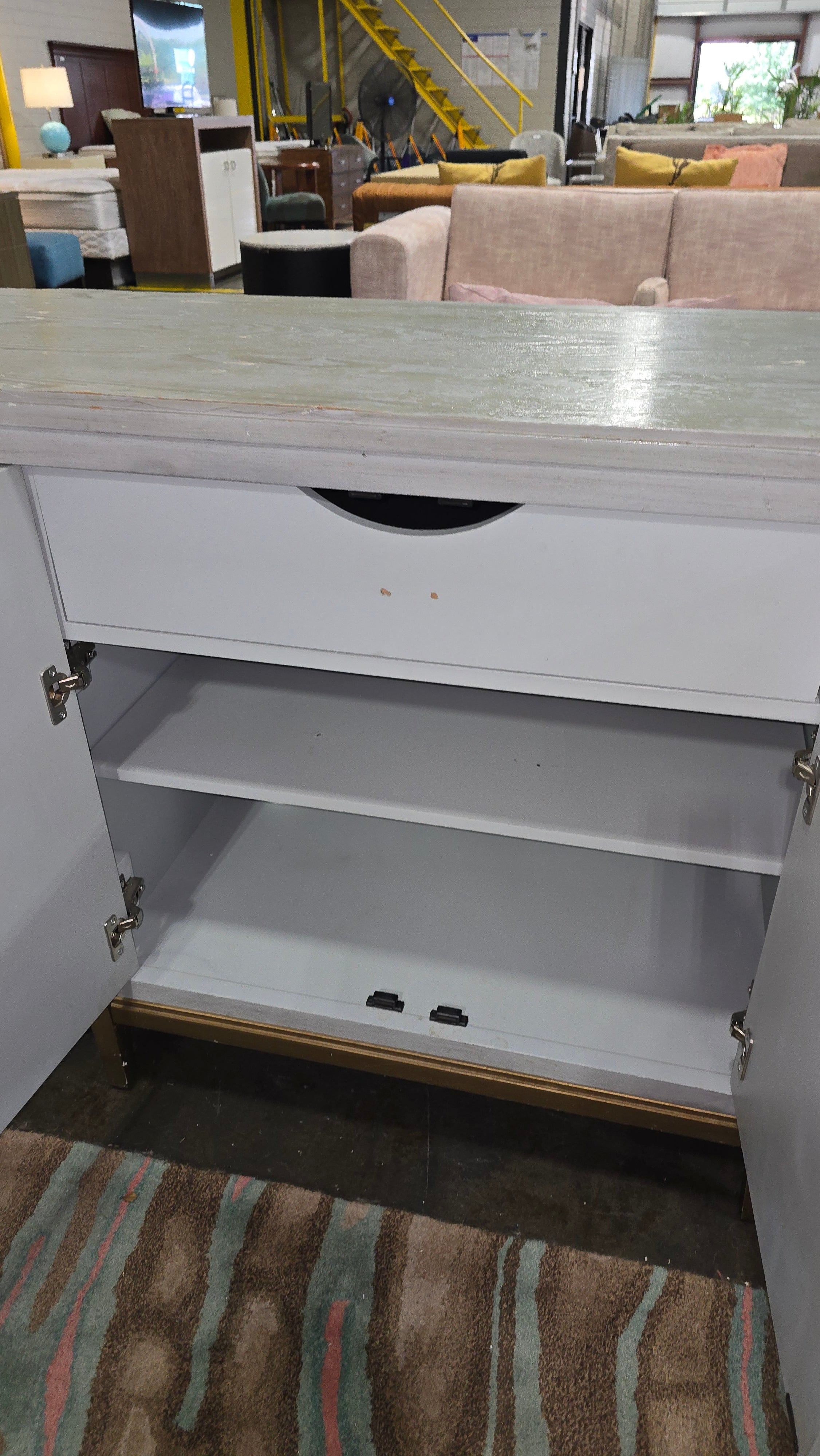 Light blue modern buffet with cabinets and gold detailing, 67 inches wide, from SHL in Cartersville GA