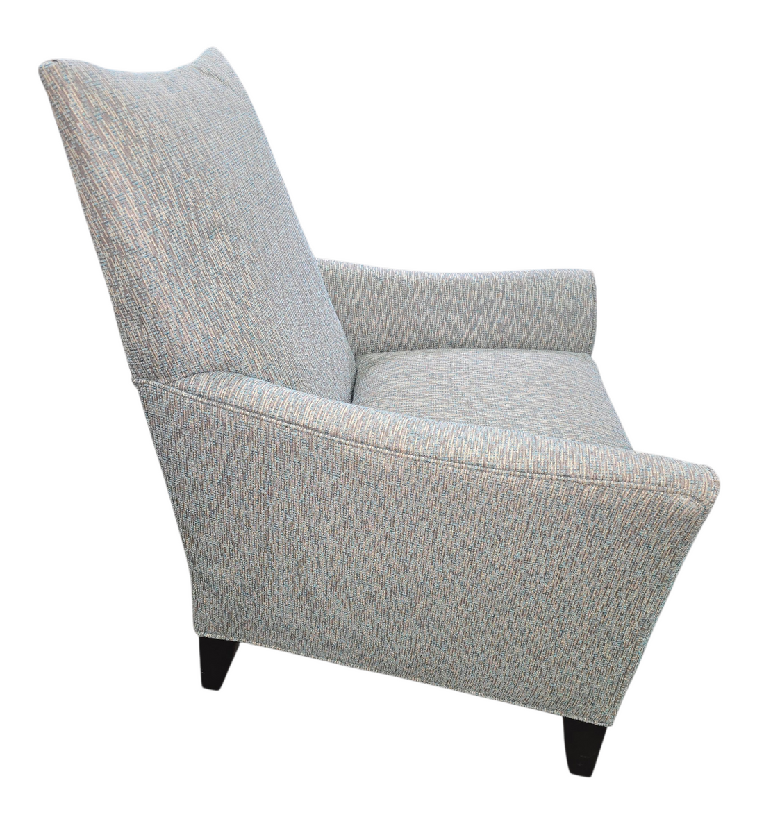 Side angle view of blue gray beige accent chair