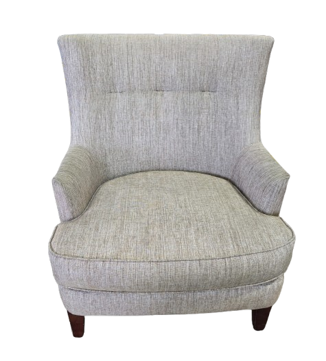 Used beige accent chair front view featuring padded seat and commercial-grade construction