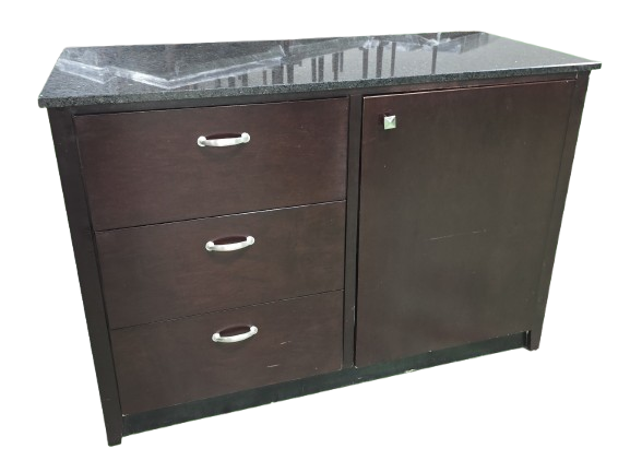 Front view of used hotel credenza cabinet with granite top and storage drawers in Cartersville GA