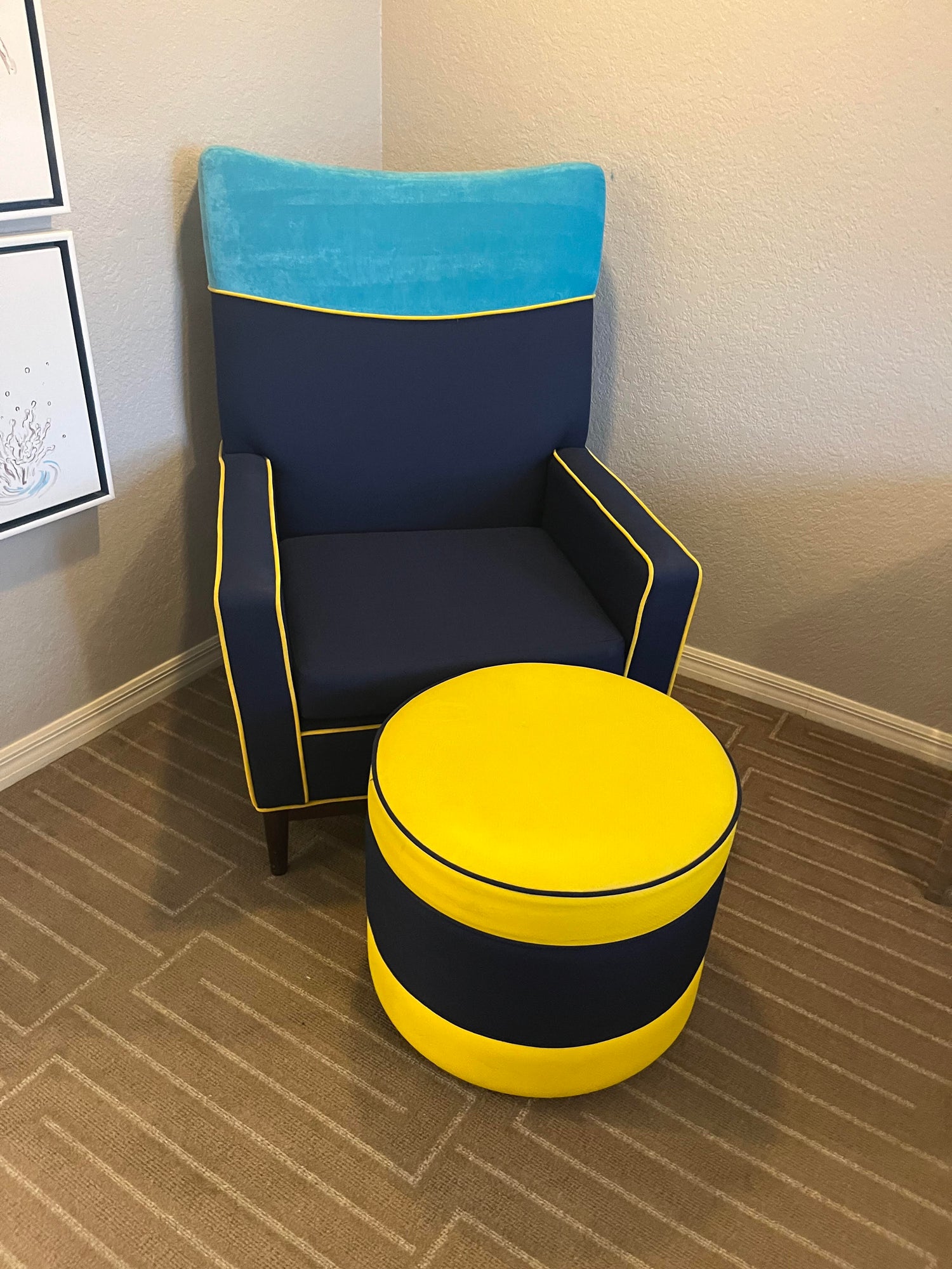 Blue Accent Chair with Yellow Ottoman Used at Southern Hospitality Liquidation