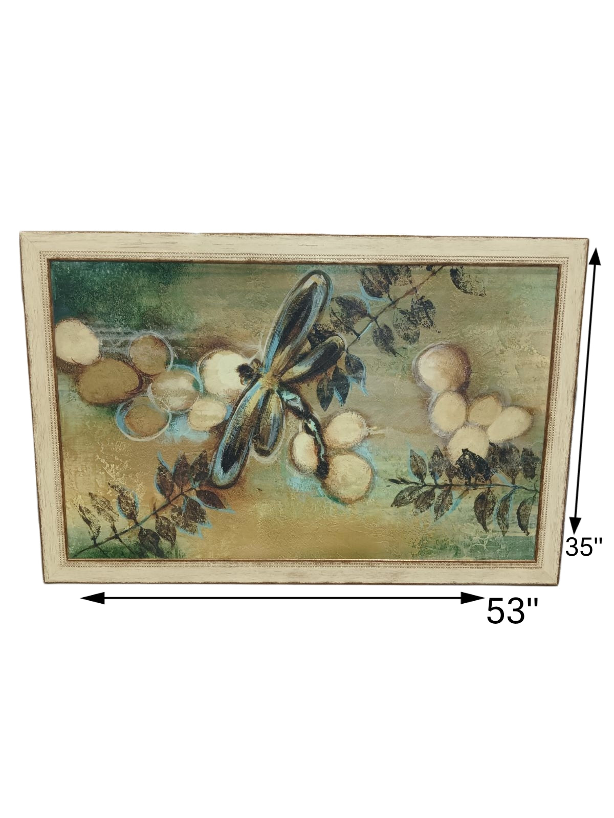 53 X 35 Large Cream Dragonfly Art with Tan Wooden Frame