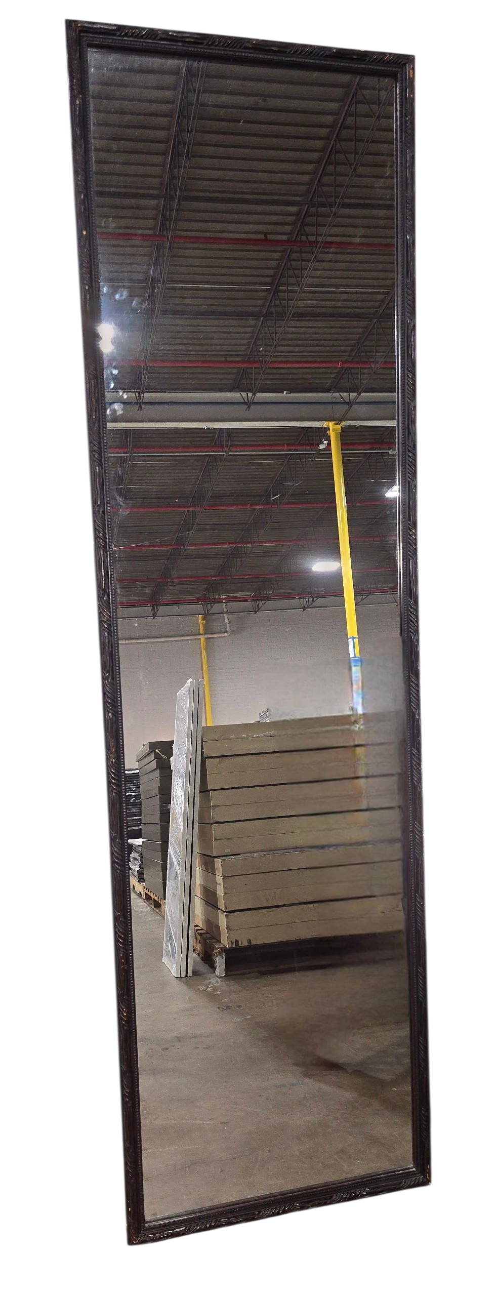 Full length dressing mirror with brown frame measuring 21 x 73 inches, used and in good condition