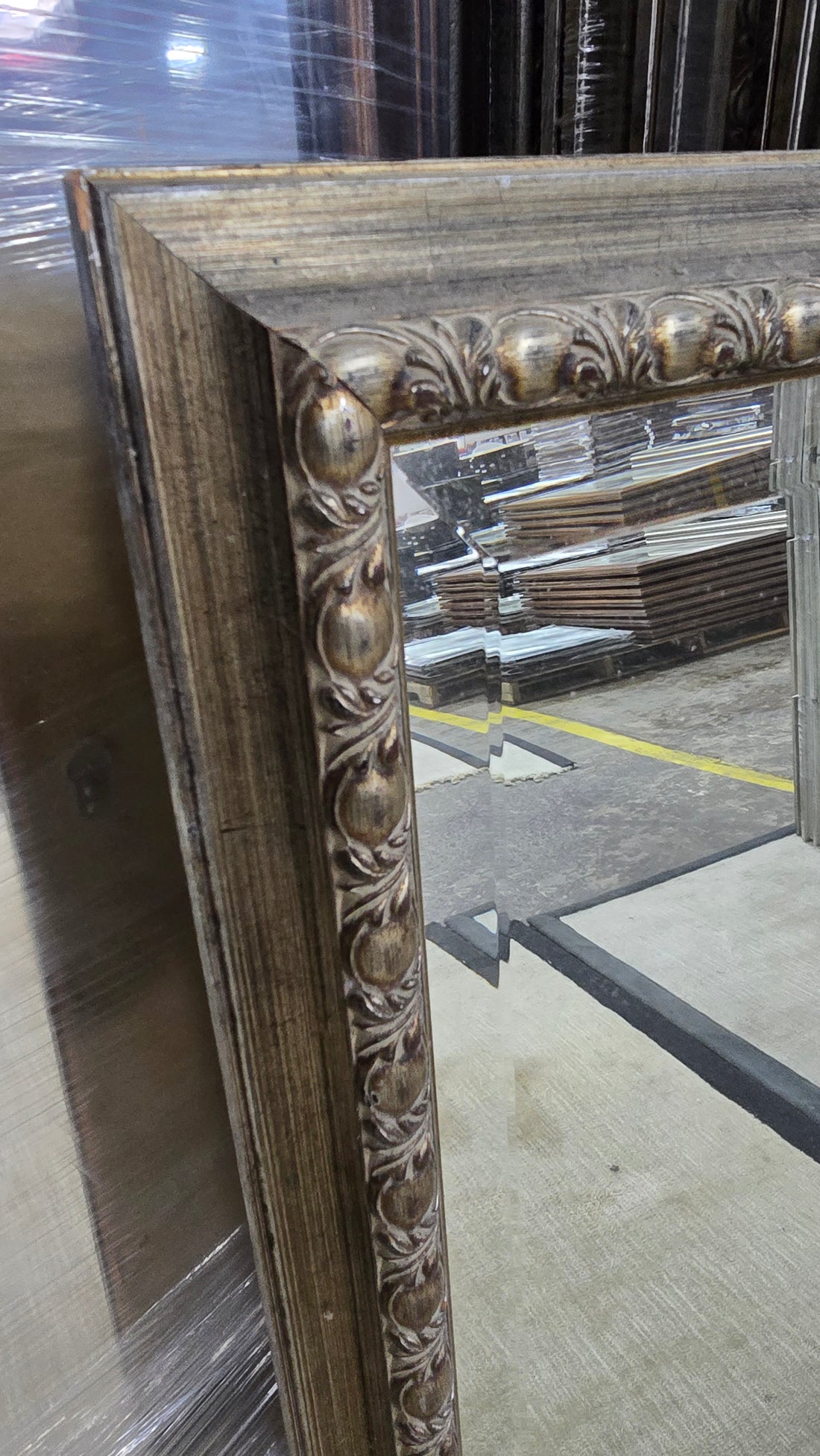 48 x 38 wall mirror distressed gold and silver frame detail, used and in good condition, quality used resort furniture.