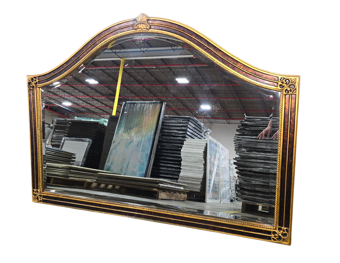 Large arched wall mirror with ornate gold frame measuring 54.5 x 39.5 inches, used and in good condition