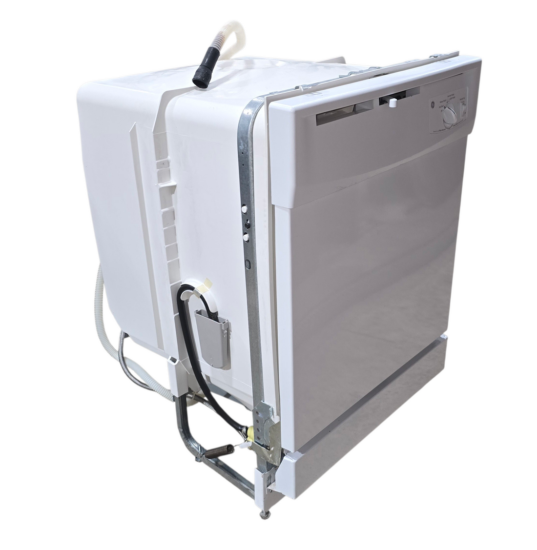 Side angle view of GE white dishwasher
