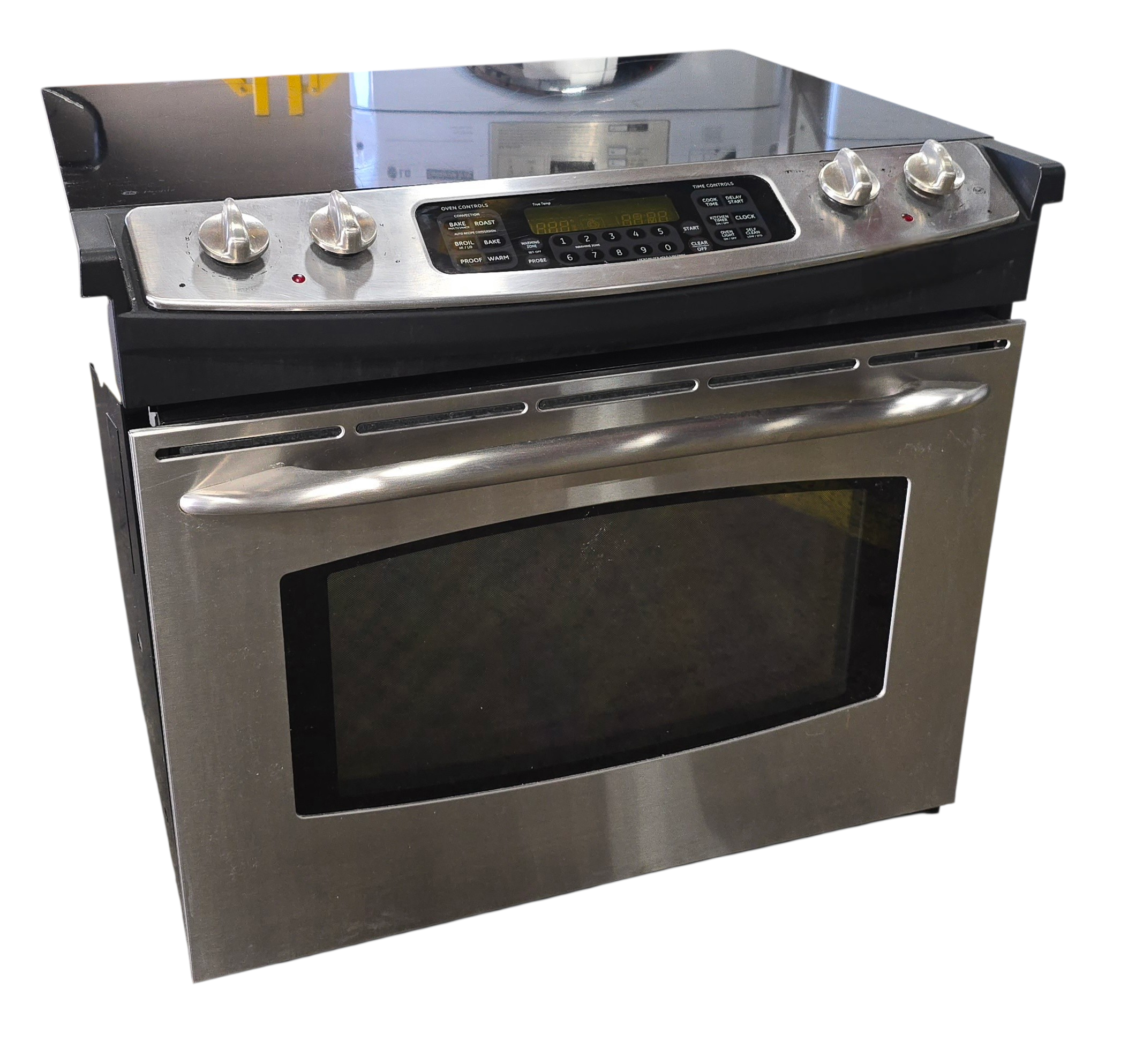 Front view of GE Profile 30 inch electric slide-in range