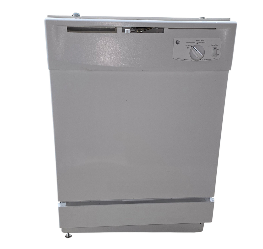 Front view of GE 24 inch white dishwasher