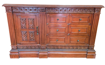 Front view of TV dresser with three drawers and cabinet space