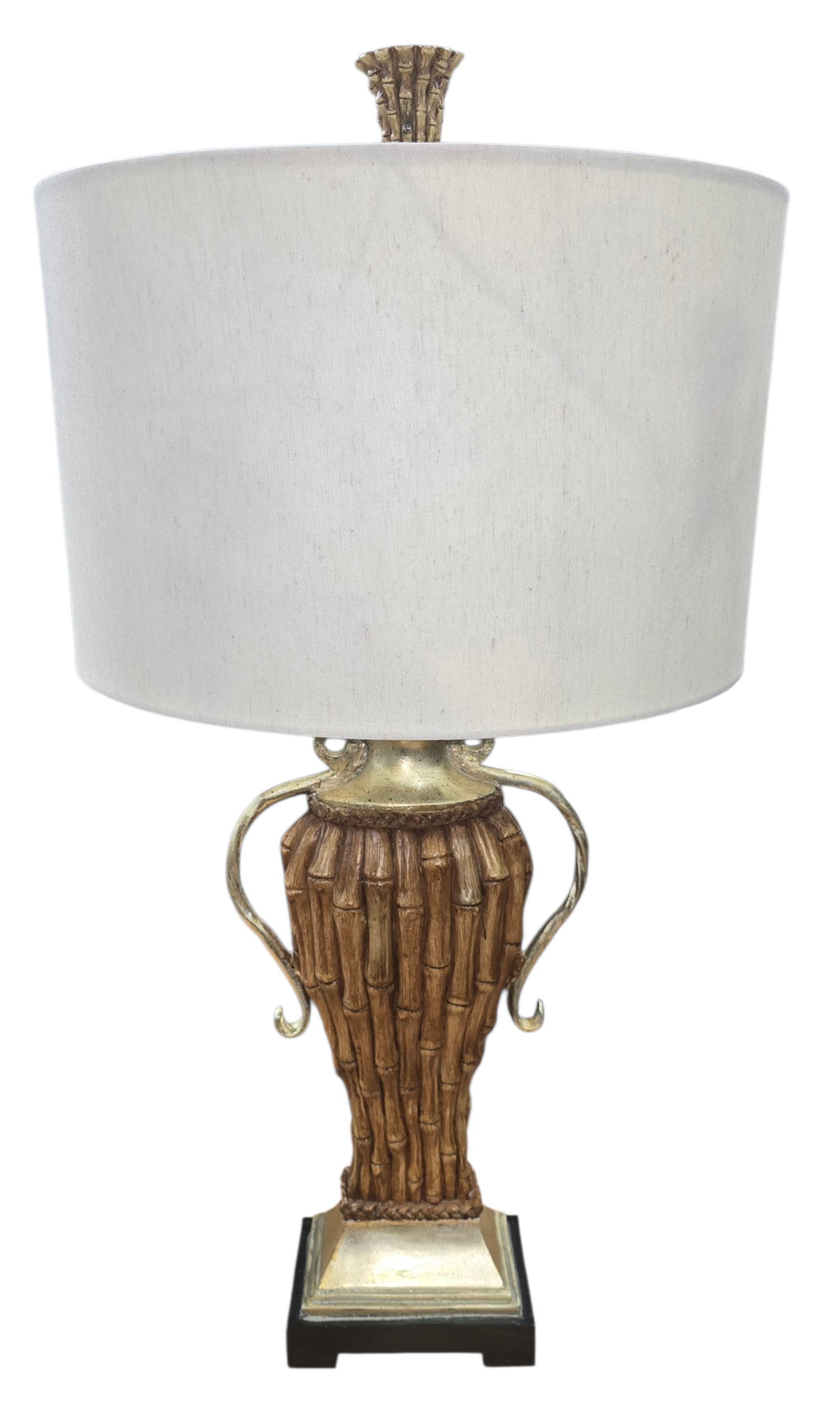 Front view of faux bamboo table lamp with bundled bamboo stalk design