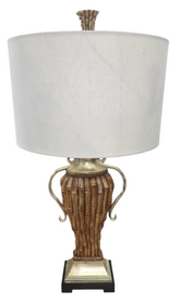 Front view of faux bamboo table lamp with bundled bamboo stalk design