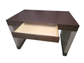 Beige one drawer desk with paisley designs and nailhead trim measuring 48 x 30 x 31, used and in good condition