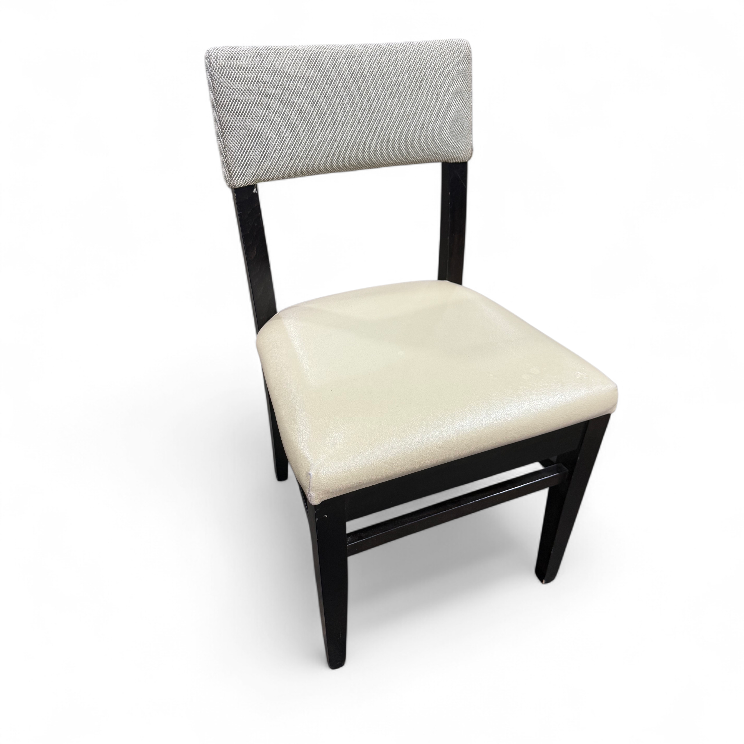 SHL front view of beige vinyl half-back dining chair measuring 18 x 18 x 19, used and in good condition