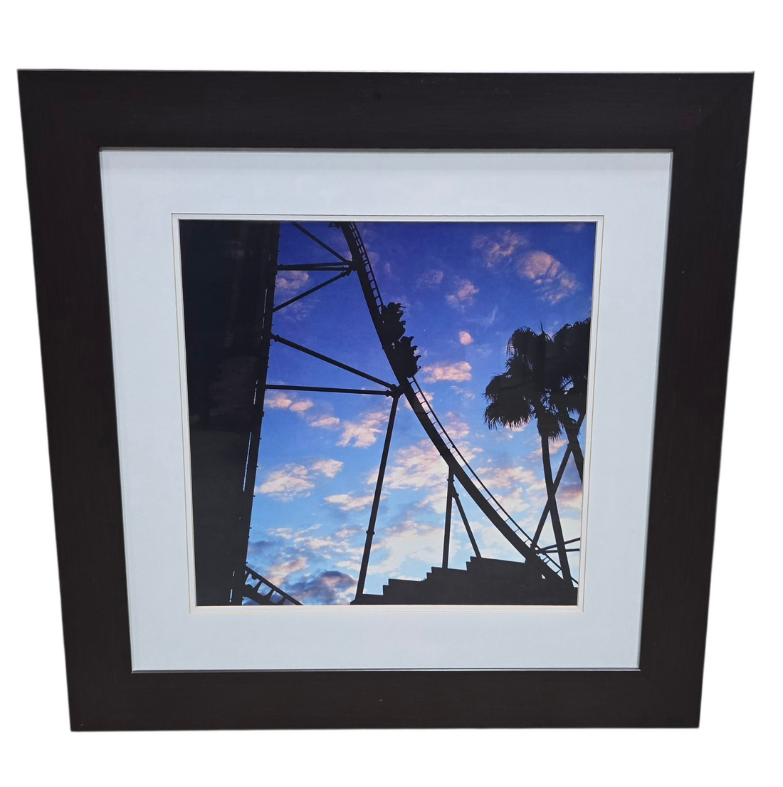 Black framed print of people on a roller coaster measuring 29.5 x 29.5, used and in good condition