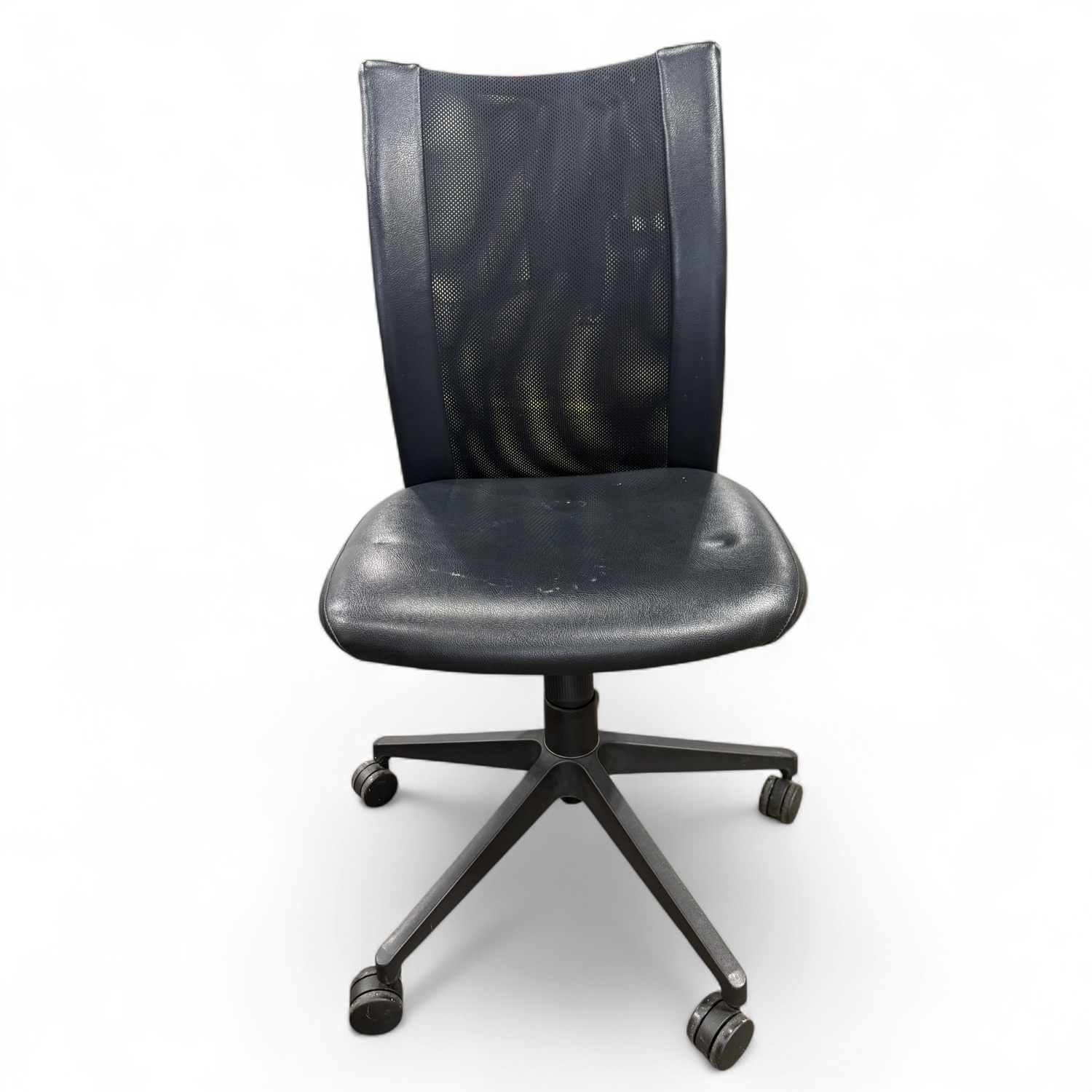 SHL front view of black rolling desk chair with mesh back and vinyl cushioned seat, used and in good condition
