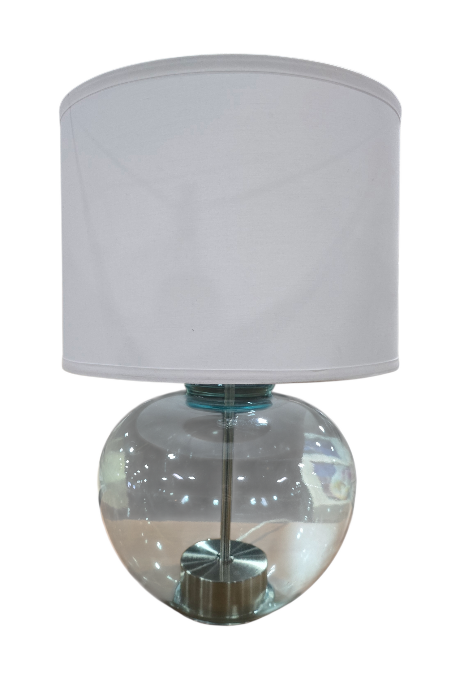 Front view of blue glass bubble table lamp
