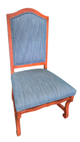 Front view of tall back dining chair with blue striped seat and back