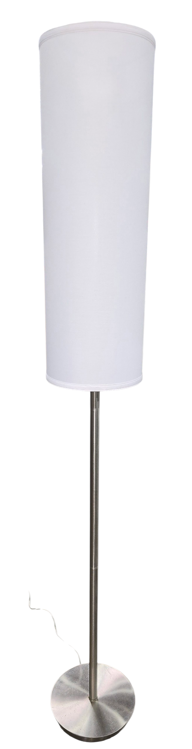 Brushed nickel floor lamp with tall white drum shade, used and in good condition