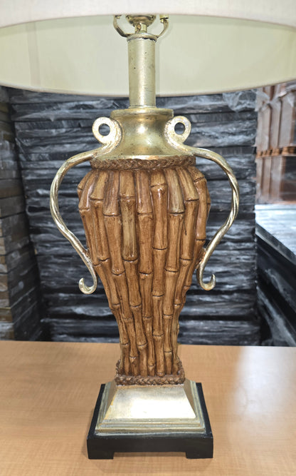 Detail view of faux bamboo stalk texture on bundle table lamp