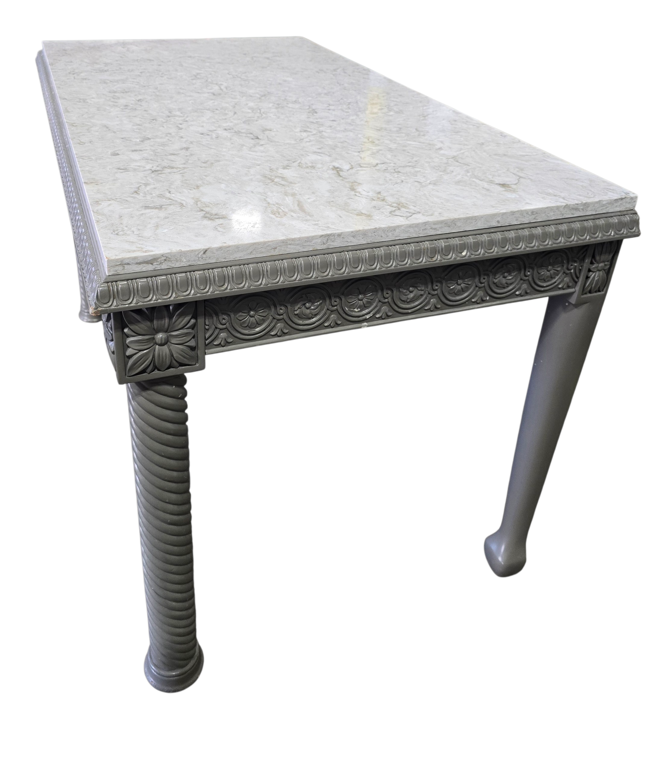 Side angle view of gray carved desk