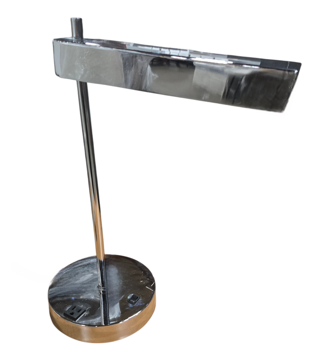 Chrome desk lamp with built-in power outlet, used and in good condition