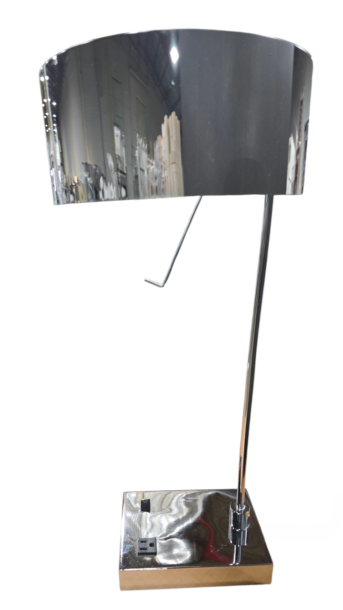 Side angle view of modern chrome table lamp